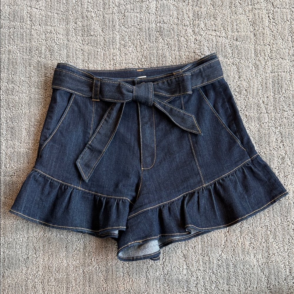 Cinq a Sept Dark Blue Denim Ruffle Tie-Waist Women's Shorts